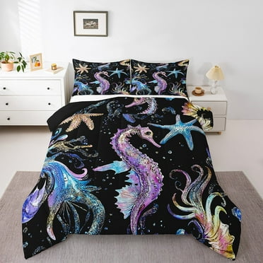 Erosebridal Sealife Seahorse Comforter Sets,Marine Animal Starfish Comforters & Duvets,Ocean Bedroom Decor,Reversible,2pcs