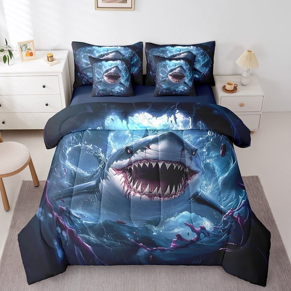 Erosebridal Sealife Shark Bed in a Bag Full size,Marine Wildlife Bed Set,Ocean Decoration,Reversible,7pcs