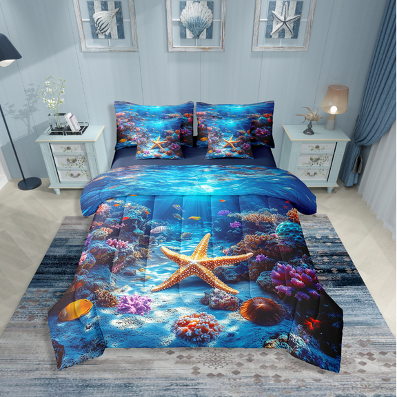 Erosebridal Sealife Starfish Bedding Sets Twin Size,Underwater World Comforter Sets with Sheets,Wildlife Bedroom Decor,Reversible,Breathable,7-Piece