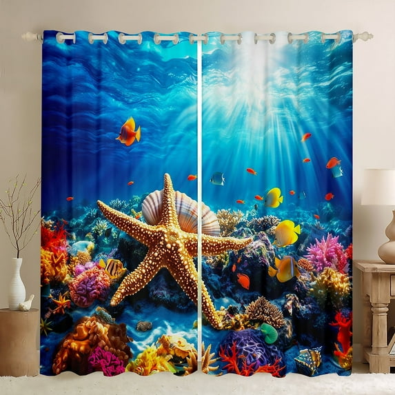 Erosebridal Sealife Starfish Curtains for Living Room,Marine Animal 30%-50% Blackout Curtains Set of 2 (38x45),Sea Room Decorative