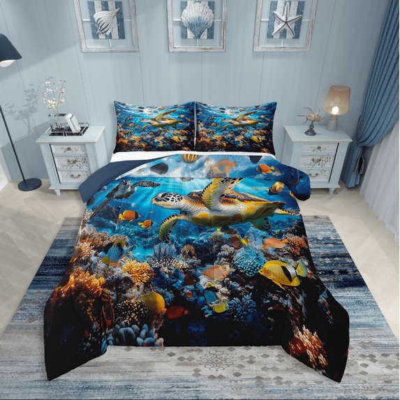 Erosebridal Sealife Turtle Bedding King Comforter Set,Underwater World Bedding Sets King with Comforter,Marine Animal Bedroom Decor,Reversible,Lightweight,3 Pieces