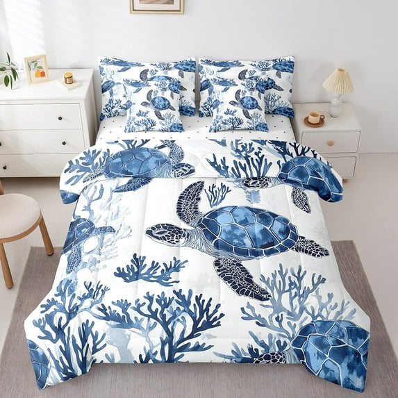Erosebridal Sealife Turtle Bedding Queen Size,Ocean Animal Bed In A Bag Queen Size,Sea Wildlife Room Decorative,Reversible,Lightweight,7 Pieces