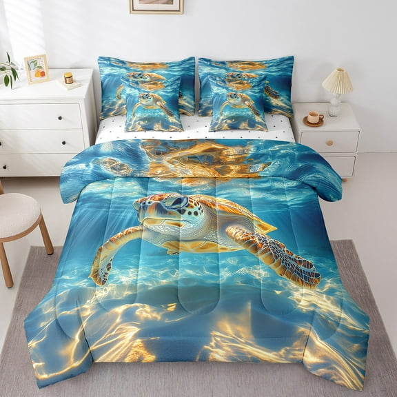 Erosebridal Sealife Turtle Bedding Sets Twin Size,Sea Wildlife Comforter Sets with Sheets,Breathable Bed in a Bag Twin size,Marine Room Decorative,7pcs