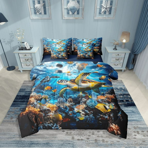 Erosebridal Sealife Turtle Bedding Sets Twin Size,Underwater World Comforter Sets with Sheets,Marine Animal Bedroom Decor,Reversible,Breathable,7-Piece