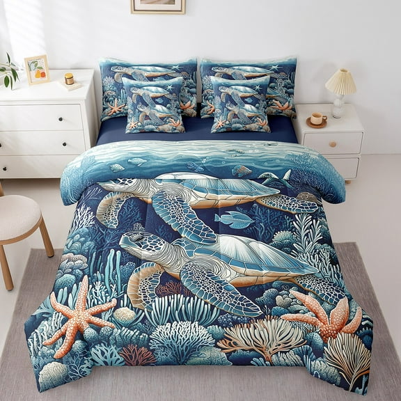 Erosebridal Sealife Turtle Bedding Sets Twin Size,Underwater World Comforter Sets with Sheets,Marine Decoration,Reversible,Breathable,7-Piece