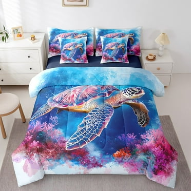 Erosebridal Sealife Turtle Bedding Sets Twin Size,Underwater World Comforter Sets with Sheets,Wildlife Bedroom Decor,Reversible,Breathable,7-Piece