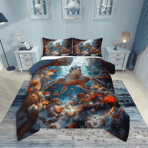 Erosebridal Sealife Turtle Comforter Sets,Underwater World Comforters & Duvets,Marine Animal Bedroom Decor,Reversible,Breathable,2pcs