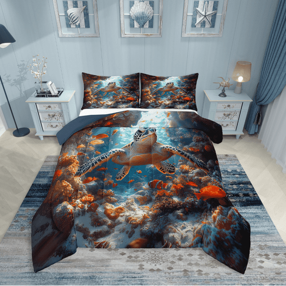 Erosebridal Sealife Turtle Comforter Sets,Underwater World Comforters & Duvets,Marine Animal Bedroom Decor,Reversible,Breathable,2pcs