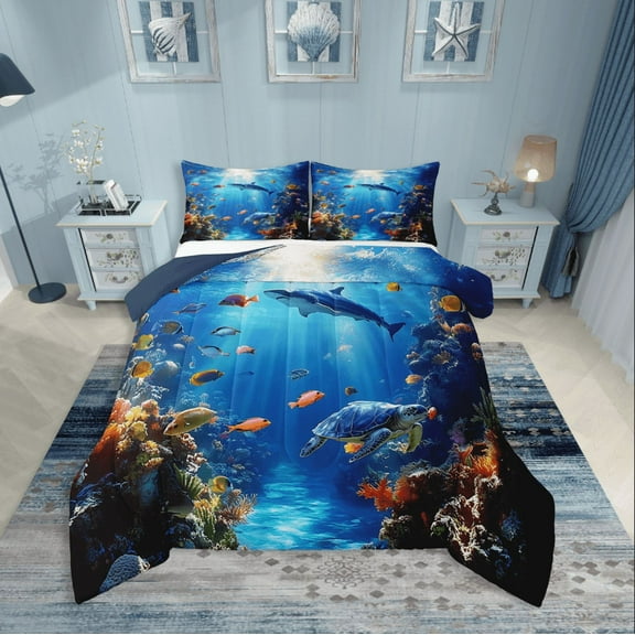 Erosebridal Sealife Turtle Shark Comforter Sets,Underwater World Comforters & Duvets,Marine Animal Bedroom Decor,Reversible,Breathable,2pcs