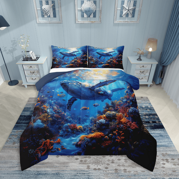 Erosebridal Sealife Whale Bedding King Comforter Set,Underwater World Bedding Sets King with Comforter,Marine Theme Bedroom Decor,Reversible,Lightweight,3 Pieces