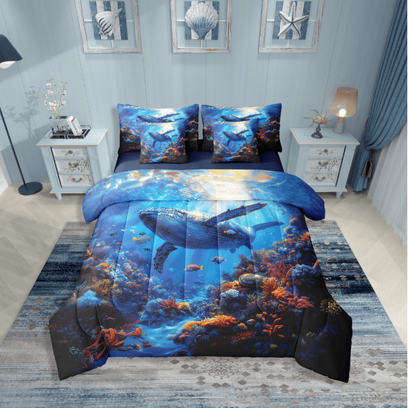 Erosebridal Sealife Whale Bedding Sets Twin Size,Underwater World Comforter Sets with Sheets,Marine Theme Bedroom Decor,Reversible,Breathable,7-Piece