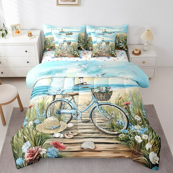Erosebridal Seashell Bicycle Hat Bedding Queen Size,Ocean Lighthouse Comforter Sets with Sheets,Floral Bedroom Decor,Reversible,Lightweight,7 Pieces