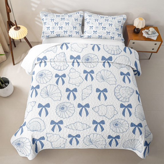 Erosebridal Seashell Bowtie Twin Quilt Set,Simple Blue Ocean Ribbon Twin Coverlet Set For Girls,2 Pieces