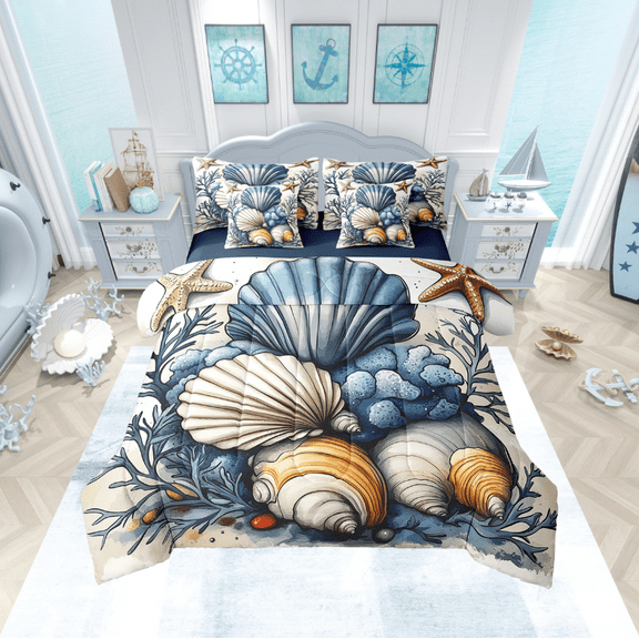 Erosebridal Seashell Conch Bed in a Bag King size, Beach Ocean Theme Comforter Sets with Sheets, Reversible 7-Piece