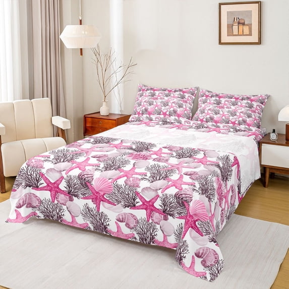 Erosebridal Seashell Starfish Bed Sheets, Cartoon Coral King Sheets, 4 Pieces