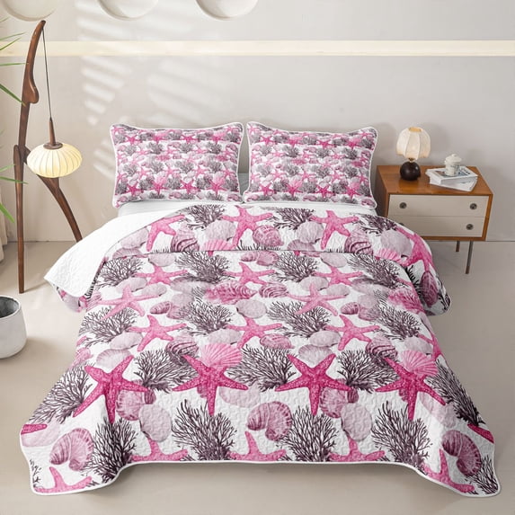 Erosebridal Seashell Starfish Bed Spread Queen, Cartoon Coral Queen Coverlet Set, 3 Pieces