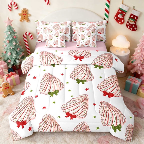 Manfei Seashell Twin Bedding 7pcs Christmas Bedding Comforter Set, Green White, Pink Reversible