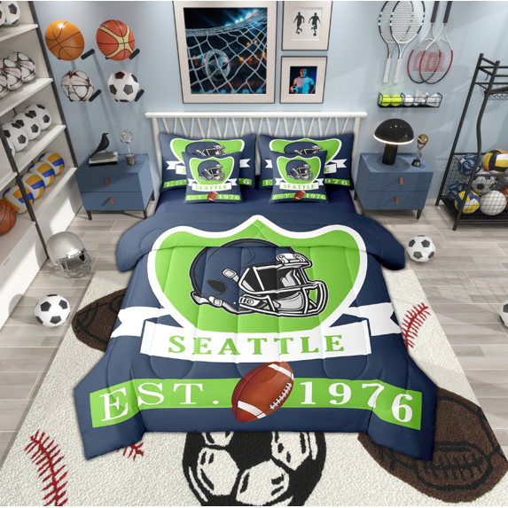 Erosebridal Seattle Soccer City Bedding Sets Queen Size, American Football Comforter Sets with Sheets, Vintage Rugby Reversible Bed Sheets Set, Microfiber Room Decorative, 7pcs