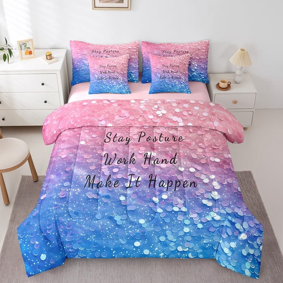 Erosebridal Sequin Print Bedding Full Size, Blue Pink Bedding Sets Full Size, Positive Quotes Reversible Bed Set, Microfiber Room Decorative, 7pcs