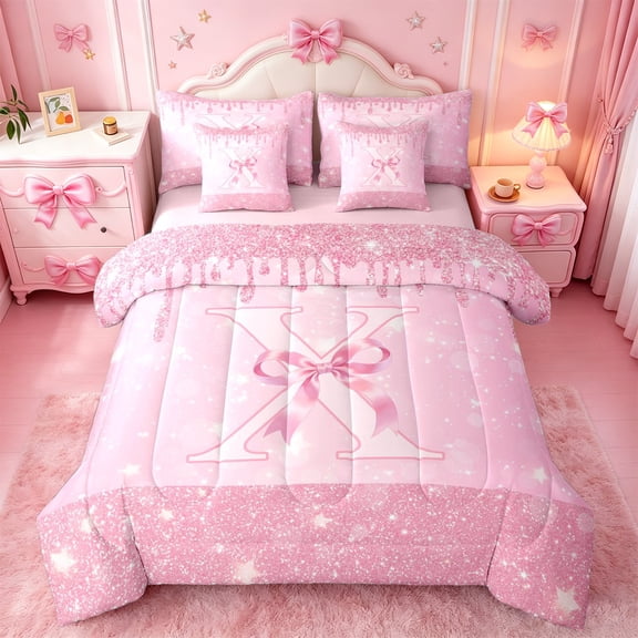 Erosebridal Sequin Print Bows 7-Piece Twin Bedding Sets For Kids Girls,Letter X Monogrammed Bedding Comforter Set,Pink Reversible