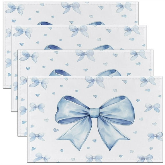 Erosebridal Set of 4 Blue Bowknot Place Mats,Bow Placemats 12x18 Inch for Dining Table,Kawaii Bow Tie Table Mats,Princess Style Blue White Heart Waterproof Placemats No Slip