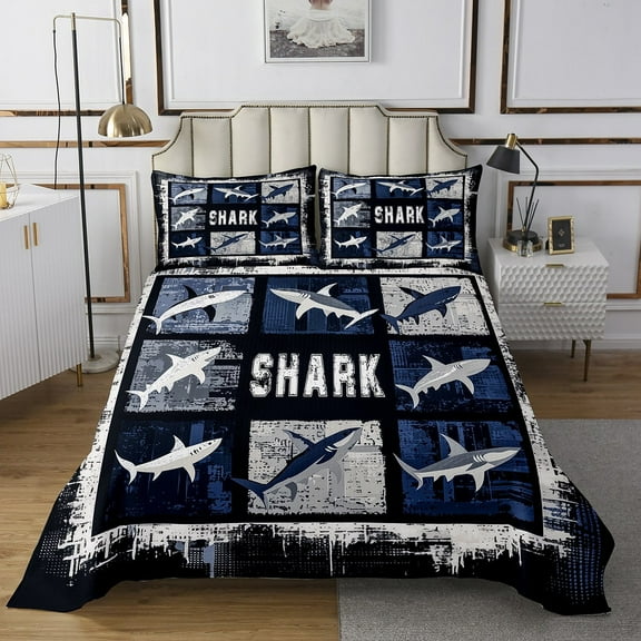 Erosebridal Shark Bedspread Queen Size Ocean Sea Animal Coverlet Set Sea Underwater World Quilted Coverlet Blue Gray Plaid Quilted