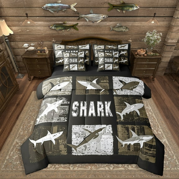 Erosebridal Shark Comforter Set Twin Size 7 Pieces Ocean Sea Animal Sea Underwater World Bedding Set Brown Black Plaid Bed in a Bag with Comforter,Sheets