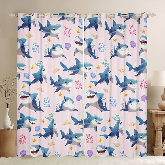 Erosebridal Shark Fish Blackout Curtains Set of 2 (52x84 Each) for Girl, Pink Cartoon Sealife Window Curtains