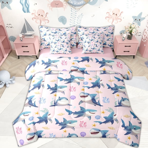 Erosebridal Shark Fish Twin Bedding Sets 7-Piece for Girl, Pink Cartoon Sealife Bedding Comforter Set