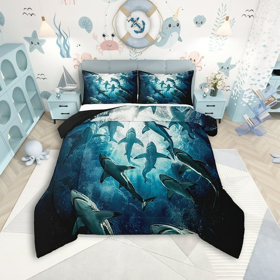 Erosebridal Sharks Comforter Set Twin Size Ocean Animal Bedding Set Sea Creatures Theme Comforter Marine life Sealife Underwater World Quilt Set
