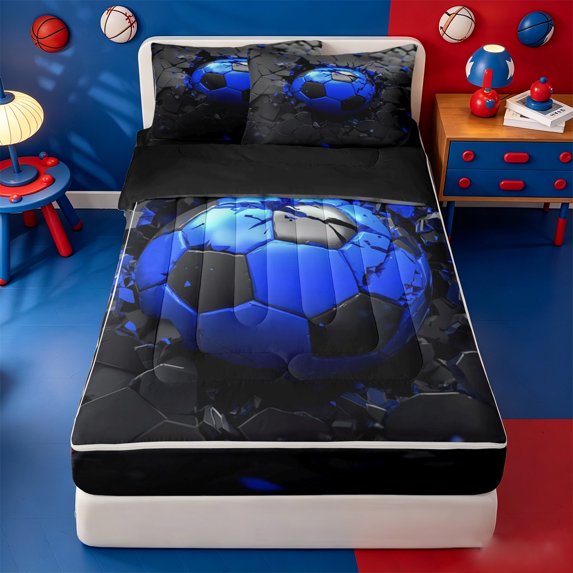 Erosebridal Shatter Football Print Zipper Queen Comforter Set with Fitted Sheet and 2 Pillowcases,Blue Crack Ball Zipper Bedding Set For Boys,Black Reversible,4pcs