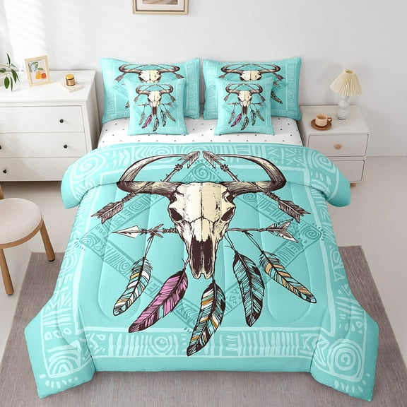 Erosebridal Sheep Skeleton Bedding Sets Twin Size, Tribal Aztec Comforter Sets with Sheets, Western Reversible Bedding Twin Size, Lightweight Bedroom Decor, 7 Pieces