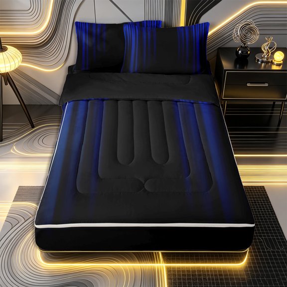 Erosebridal Shiny Curtain Pattern Zipper Full Size Comforter Sets with Fitted Sheet and 2 Pillowcases,Vertical Texture Print Zipper Bedding Set,Blue Black,Black Reversible