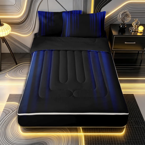 Erosebridal Shiny Curtain Pattern Zipper Queen Comforter Set with Fitted Sheet and 2 Pillowcases,Vertical Texture Print Zipper Bedding Set,Blue Black,Black Reversible