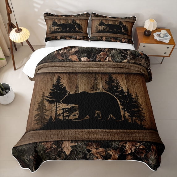 Erosebridal Silhouette Bear Quilt King,Pine Camo Wooden King Coverlet Set For Boys,3-Piece