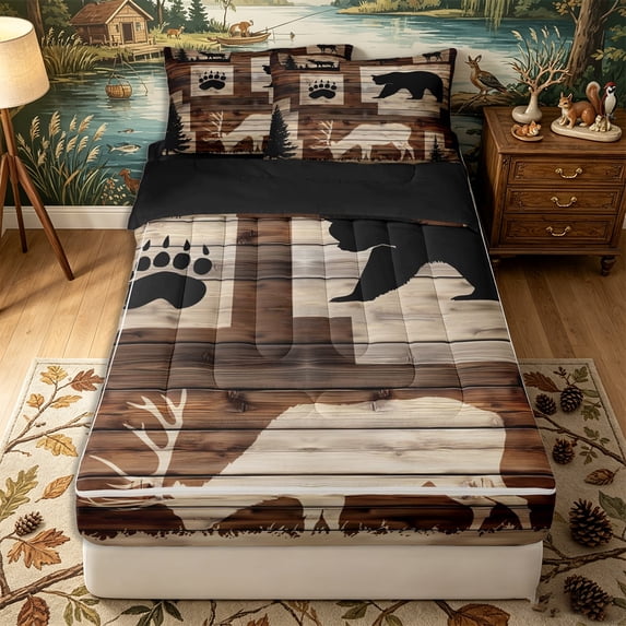 Erosebridal Silhouette Deer Pattern Zipper Queen Comforter Set with Fitted Sheet and 2 Pillowcases,Bear Paw Print Zipper Bedding Set,Brown Beige,Black Reversible