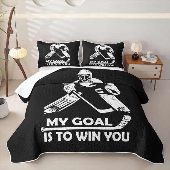 Erosebridal Silhouette Ice Hockey Goalie Quilt Full for Boys Men, Motivational Print Full Bedspread Sets, Black White, 3 Pieces