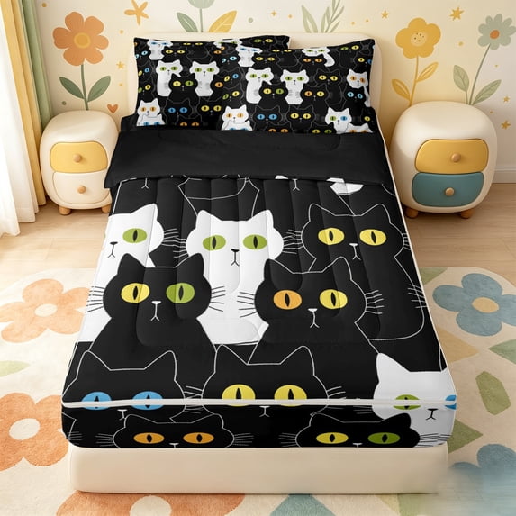 Erosebridal Silhouette Kitten Zipper Queen Comforter Set with Fitted Sheet and 2 Pillowcases,Black White Cat Colorful Zipper Bedding Set For Girls,Black Reversible,4 Pieces