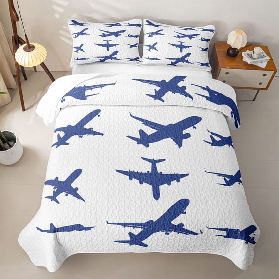 Erosebridal Simple Blue Aircraft Twin Quilt Set for Boys Men, Airplane Outline Print Twin Coverlet Set, 2 Pieces