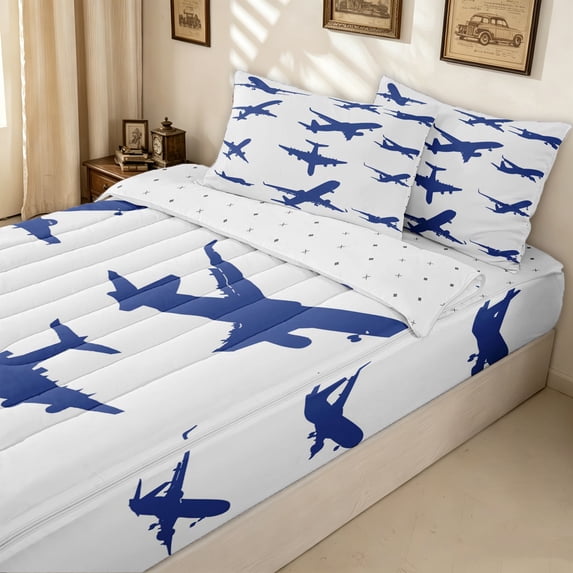 Erosebridal Simple Blue Aircraft Zipper Full Size Comforter Sets with Fitted Sheet and 2 Pillowcases for Boys Men, Airplane Outline Print Zipper Bedding Set, Reversible, 4 Pieces