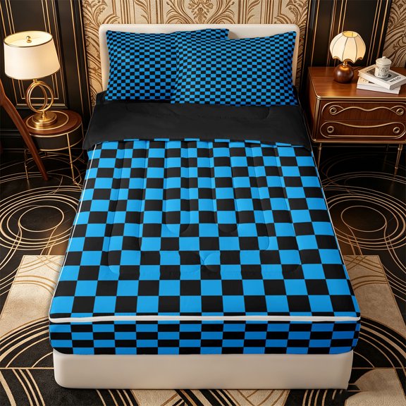 Erosebridal Simple Check Pattern Zipper Twin Comforter Sets with Fitted Sheet and 2 Pillowcases,Geometric Grid Print Zipper Bedding Set,Blue Black,Black Reversible