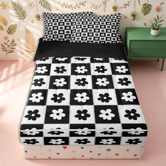 Erosebridal Simple Daisy Floral Pattern Zipper Twin Comforter Sets with Fitted Sheet and 2 Pillowcases,Checkered Grid Print Zipper Bedding Set,Black White,Black Reversible