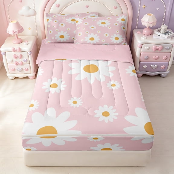 Erosebridal Simple Daisy Floral Zipper Twin Comforter Sets with Fitted Sheet and 2 Pillowcases,White Yellow Flower Zipper Bedding Set For Girls,Pink Reversible,4pcs