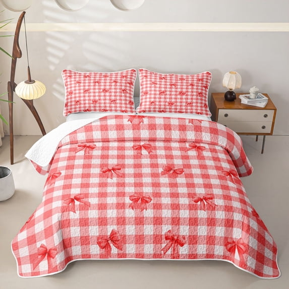 Erosebridal Simple Gingham Bow Quilt Full for Adults, Red Classic Plaid Ribbon Full Bedspread Sets, 3-Piece