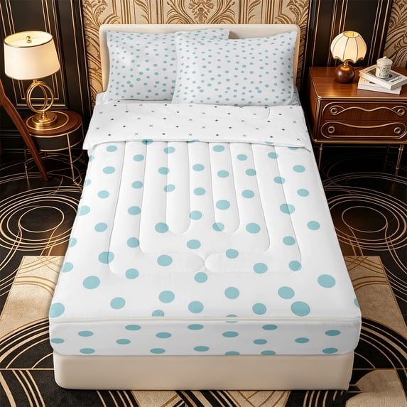Erosebridal Simple Modern Pattern Zipper Full Size Comforter Sets with Fitted Sheet and 2 Pillowcases,Polka Dot Print Zipper Bedding Set,Light Blue White,Reversible