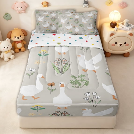 Erosebridal Simple White Duck Floral Zipper Queen Comforter Set with Fitted Sheet and 2 Pillowcases for Girls Boys, Gray Wildflower Farm Bird Zipper Bedding Set, Polkadot Reversible, 4 Pieces