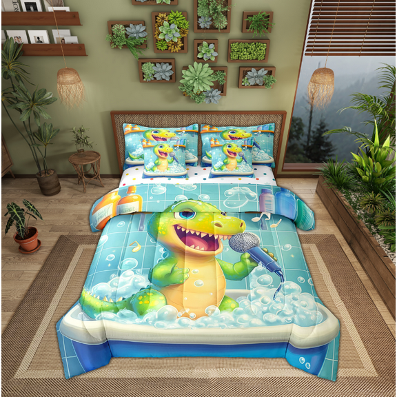 Erosebridal Singing Alligator Bedding Sets Twin Size,Cartoon Animal Comforter Sets with Sheets,Ultra Soft Reversible Bed in a Bag Twin size,Kawaii Room Decorative,7pcs