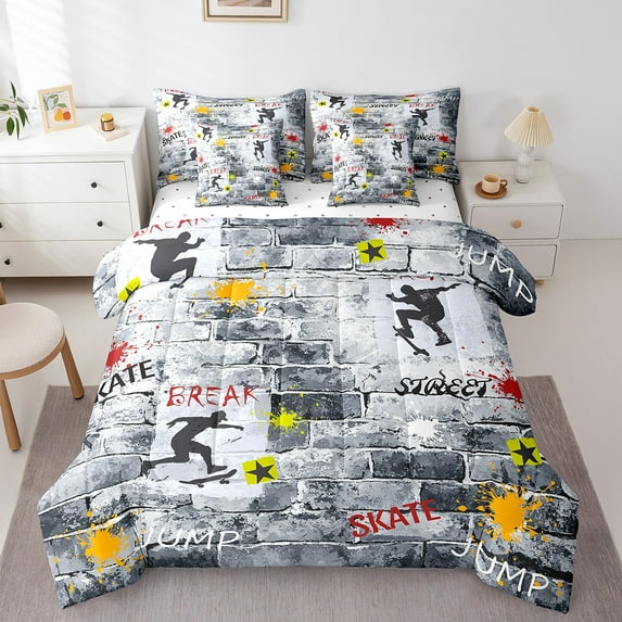 Erosebridal Skateboard Bedding Full Size, Street Sport Bed Set, Vintage Watercolor Reversible Bed in a Bag Full size, Ultra Soft Bedroom Decoration, 7pcs