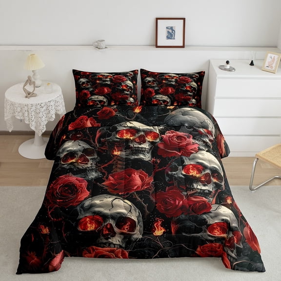 Erosebridal Skeleton Comforter Sets Full Size for Teens, Romantic Rose Comforters & Duvets, Gothic Skull Reversible Duvet Insert, Lightweight Bedroom Decoration, 3pcs