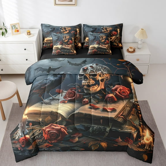 Erosebridal Skeleton Crow Bedding Sets Twin Size, Red Rose Comforter Sets with Sheets, Vintage Western Gothic Reversible Bedding Twin Size, Lightweight Room Decorative, 7pcs
